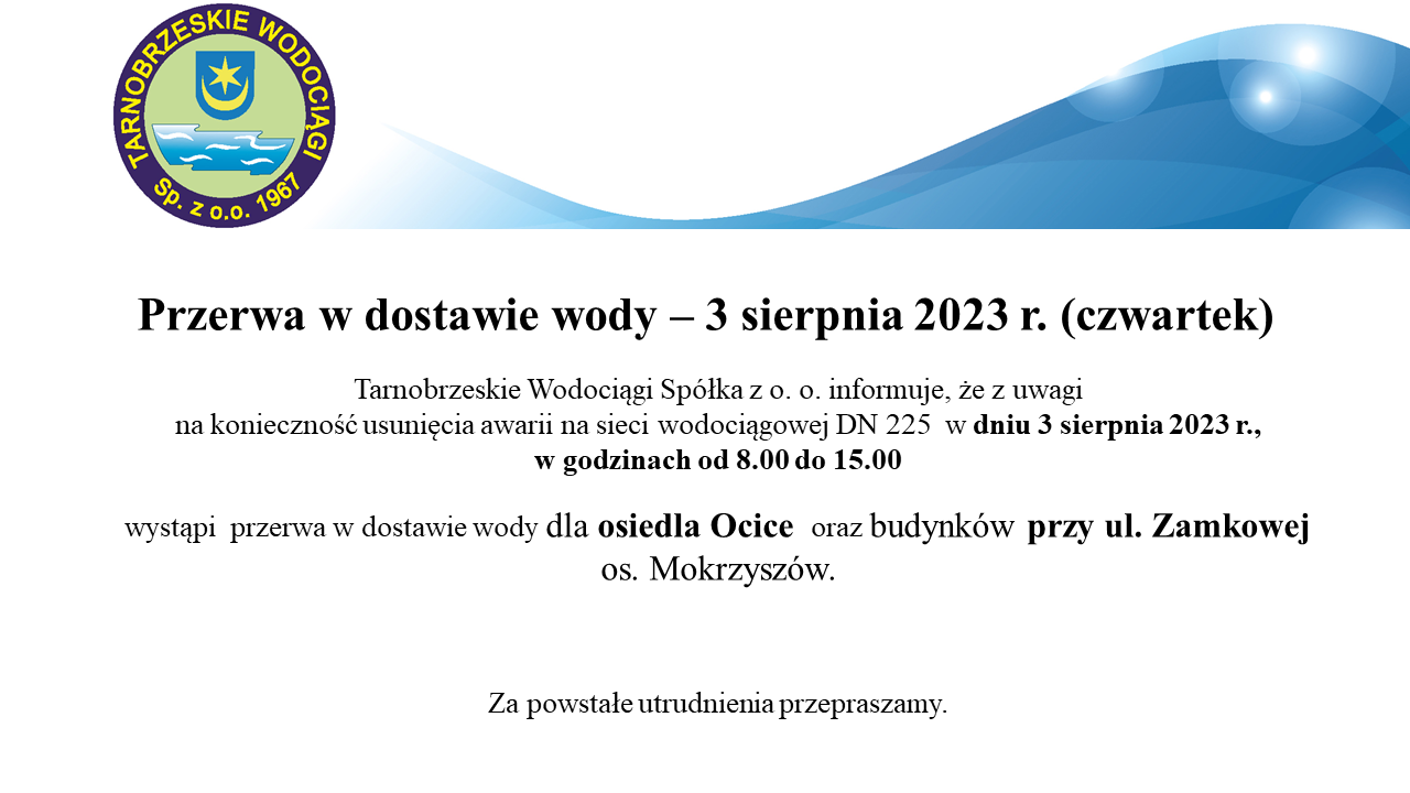 Przerwa w dostawie wody os Ocice i ul Zamkowa 030823r