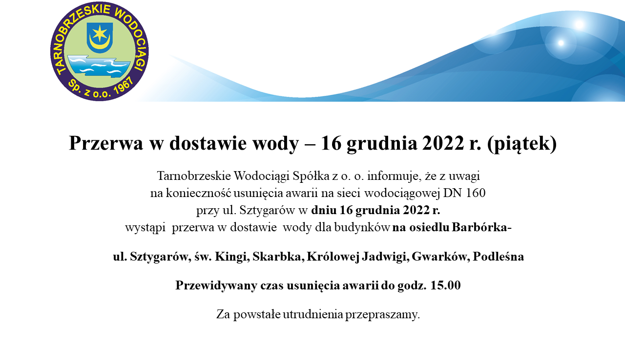 Przerwa w dostawie wody os Barbrka 2022 12 16