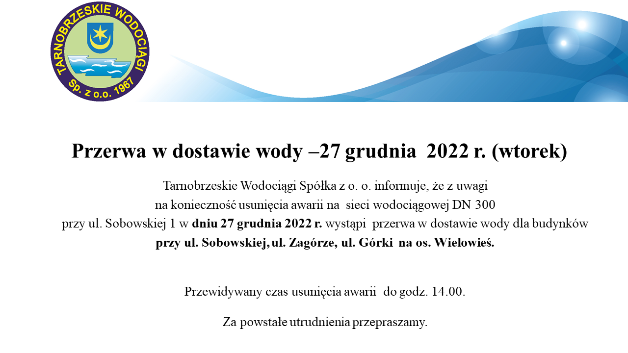 Przerwa w dostawie wody ulSobowska 2712